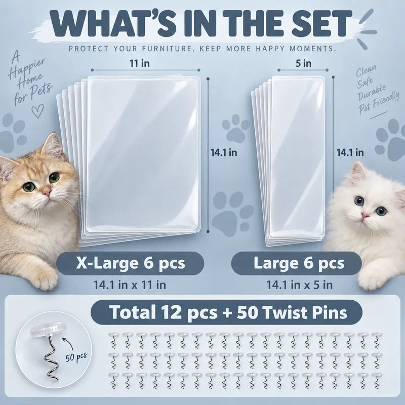 AISOON Heavy-Duty Anti-Cat Scratch Furniture Protector - 12-Pack 14X11In Non-Adhesive Thin Flex 100% Transparent Shield, 50 Twist Pins Make Setup Quick & Tidy, Fits 14X5In, Couch/Sofa/Door Use, Home Decor Friendly (Not for Leather)